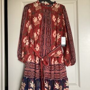 Julia Jordan High Neck Tie Belt Long Sleeve Dress, size 14